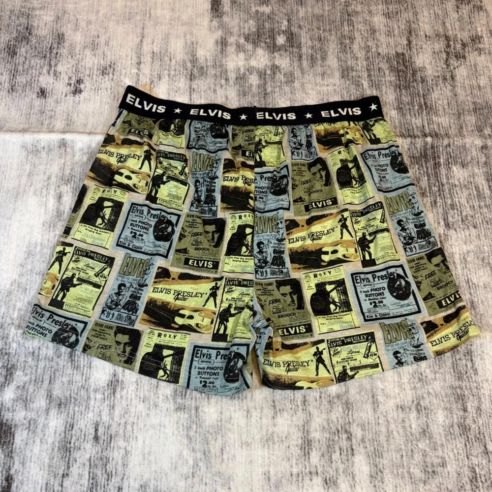 Elvis Presley Mens Vintage Newspaper Print Cotton Boxer Shorts Large Black Green
